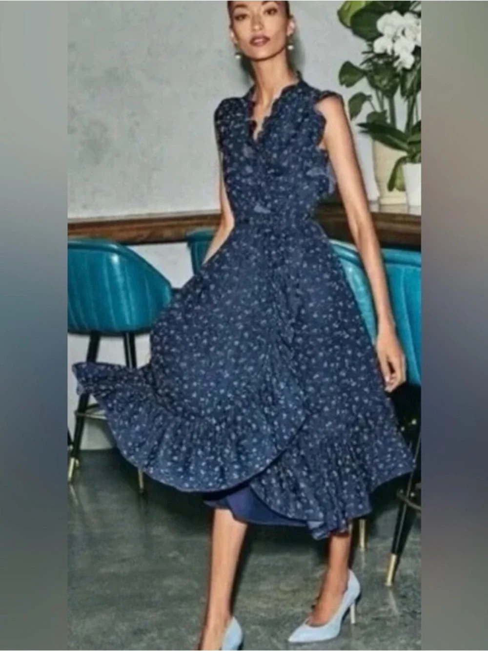 kate spade Navy Floral Ruffle Midi Dress - Picture 2 of 7